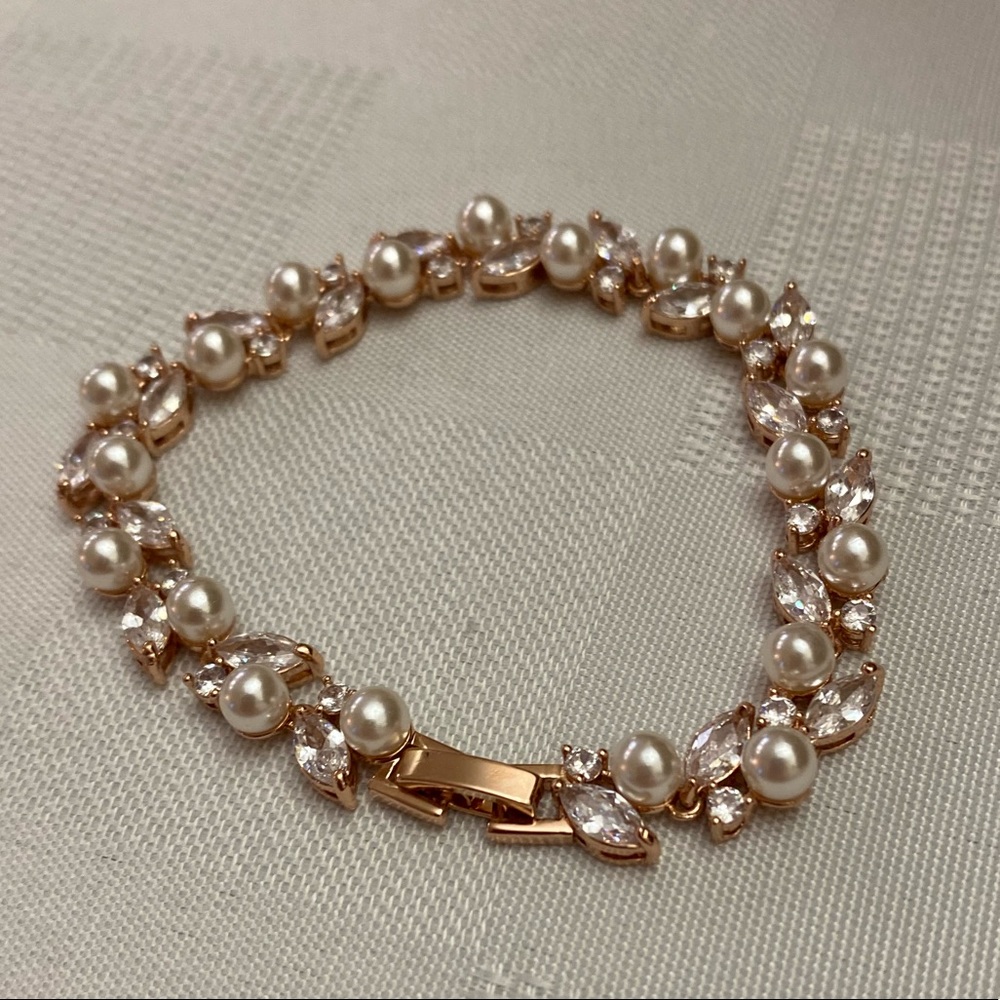 Rose Gold Cubic Zirconium and Faux Pearl  Wedding David’s Bridal Bracelet
